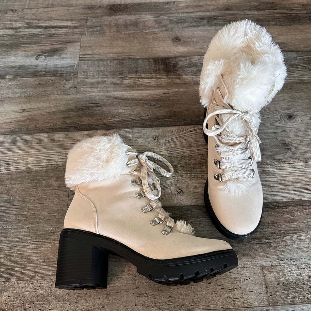 White fur booties, size 7.5